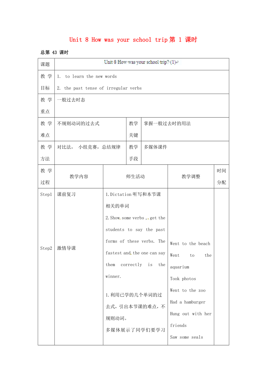 辽宁省凌海市石山初级中学八年级英语上册Unit8Howwasyourschooltrip（第1课时）教案人教新目标版.doc