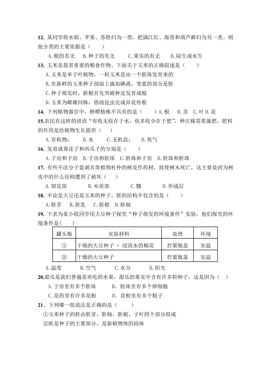 六年级生物下册期中测试题.doc