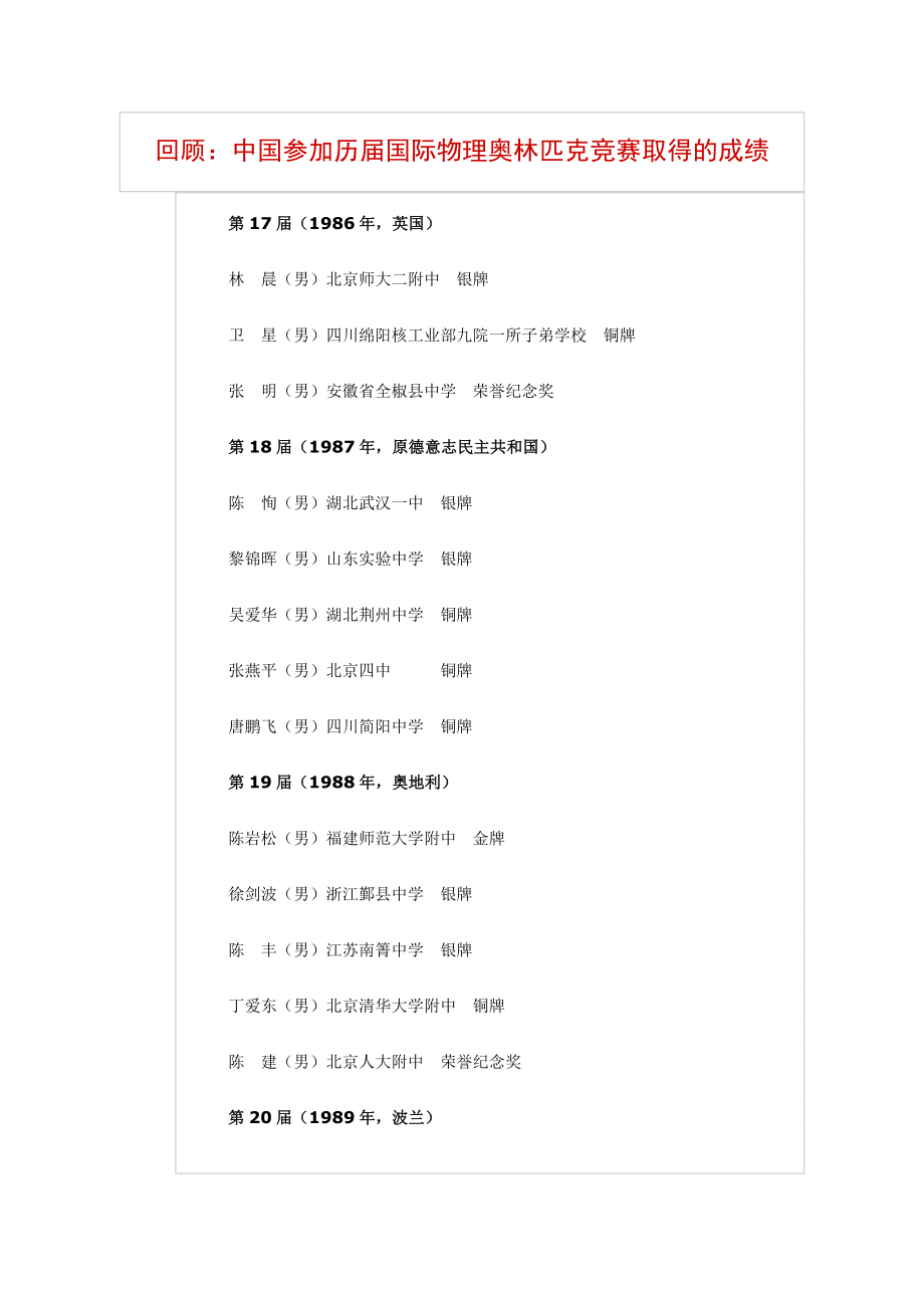回顾中国参加历届国际物理奥林匹克竞赛取得的成绩.doc