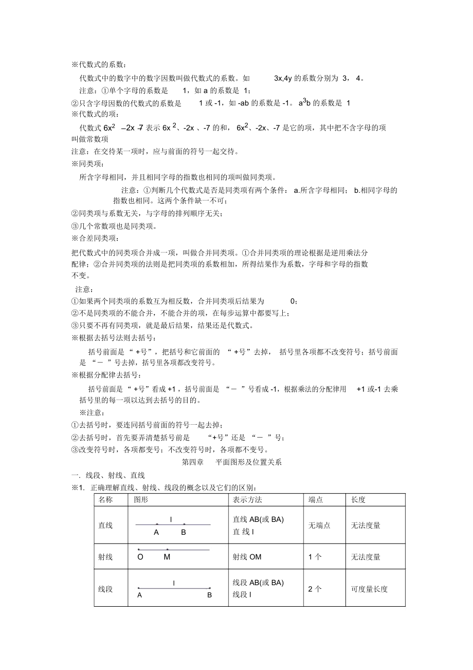 七年级上册北师大版初中数学定理知识点汇总.doc