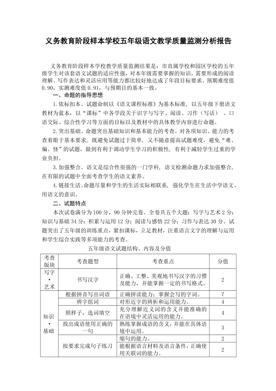 义务教育阶段样本学校五年级语文教学质量监测分析报告.doc