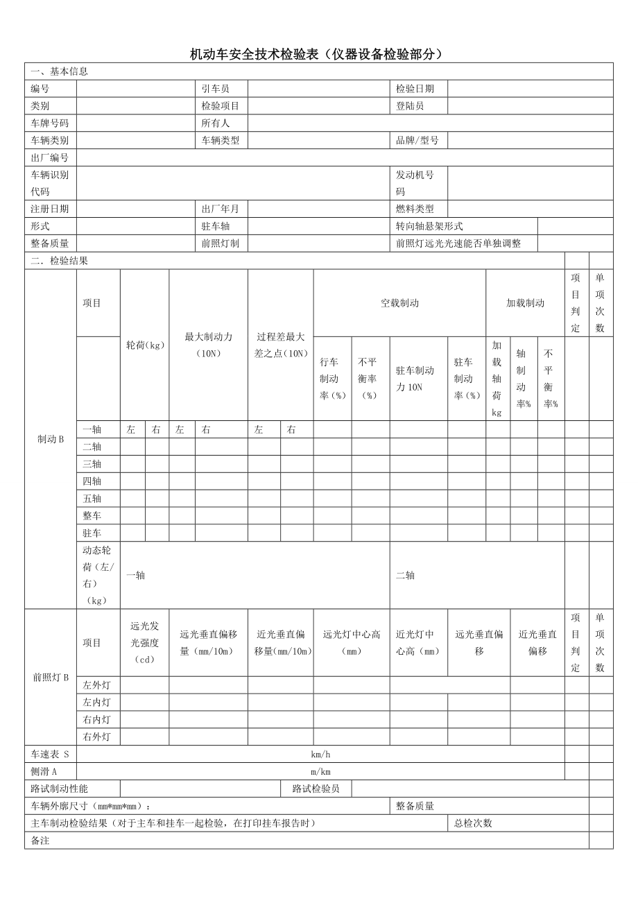 机动车安全技术检验表(仪器设备检验部分).doc