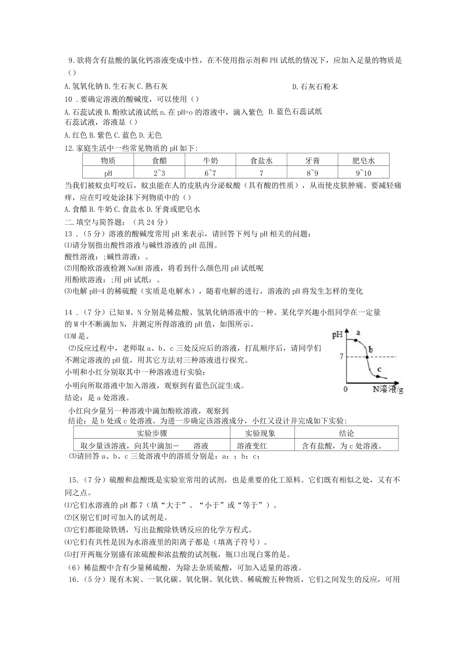 九年级化学溶液的酸碱性测试题.doc