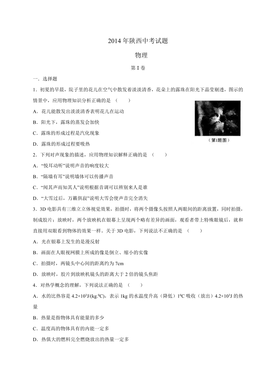 2014年陕西省中考物理试题含答案.doc