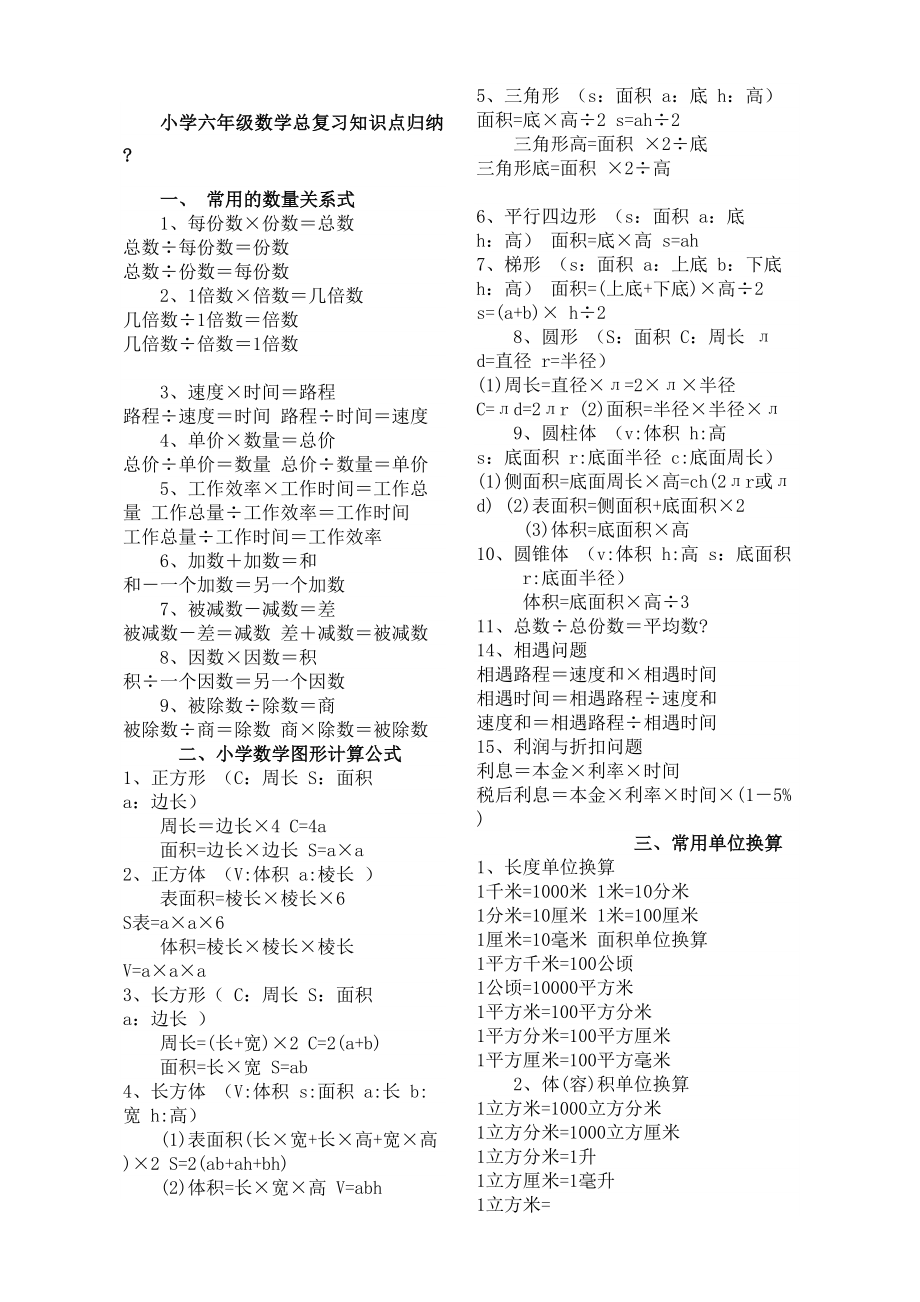 小学六年级数学总复习知识点归纳.doc