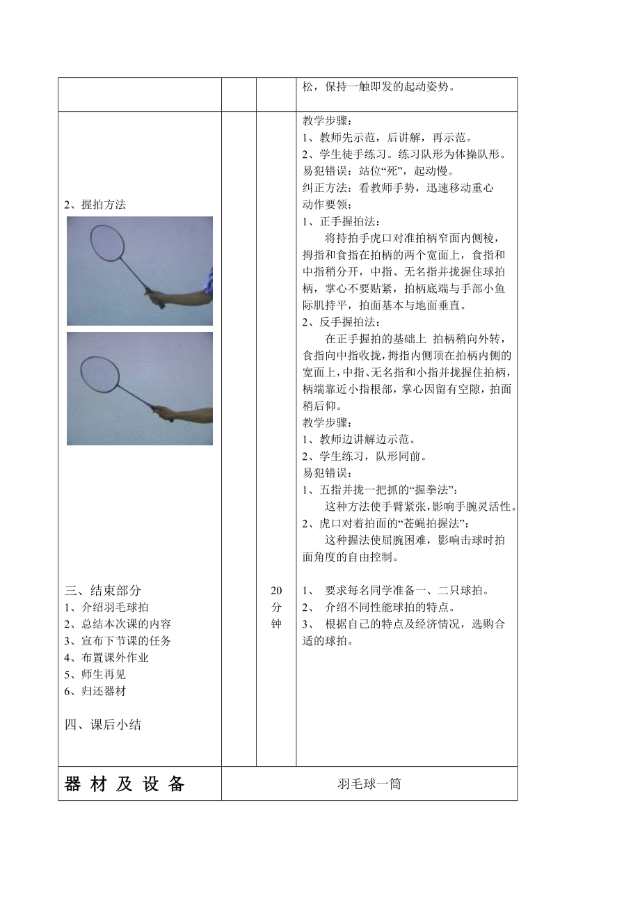 羽毛球正手握拍及站位教案.doc