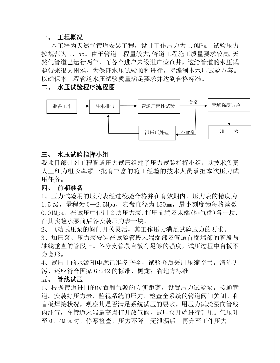 天然气管道试压方案Word文档.doc