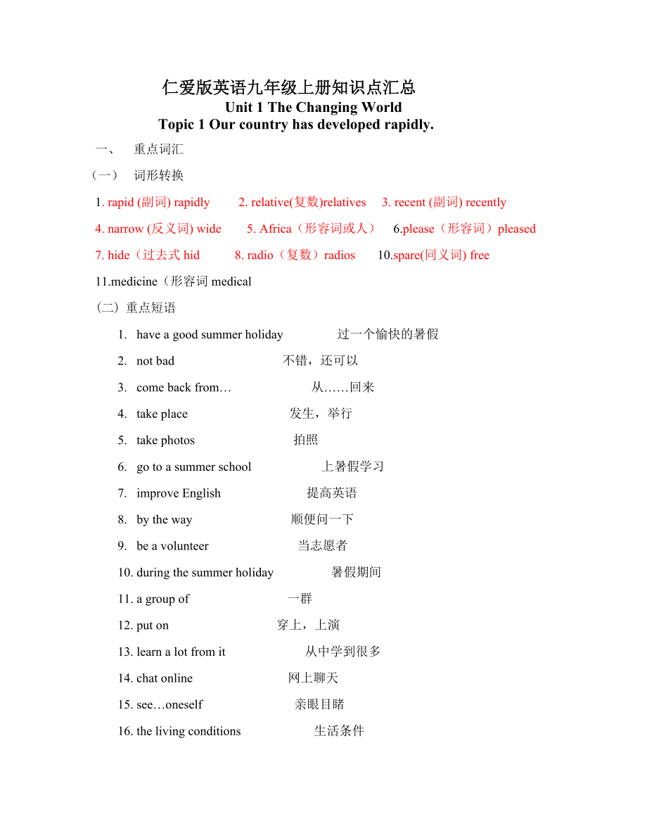 仁爱版英语九年级上册知识点汇总讲解学习.doc