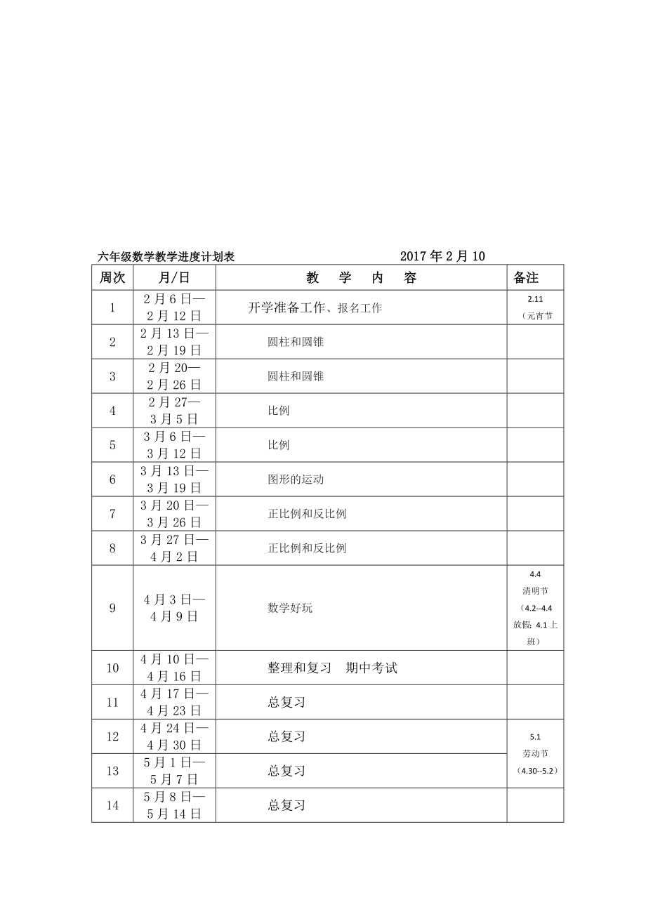 北师大版小学六年级数学下册教学计划和进度表.doc