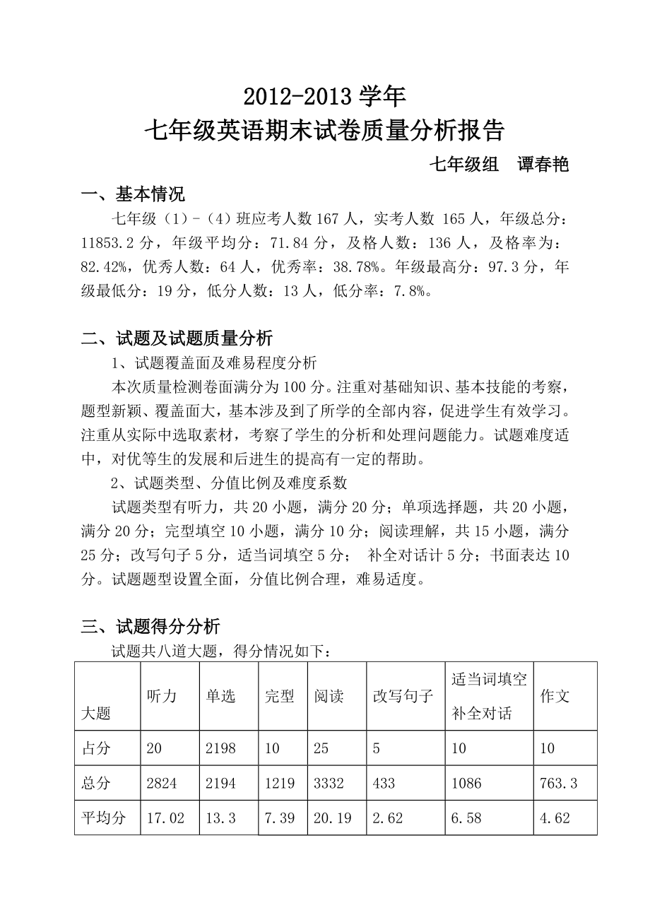 七年级英语期末试卷质量分析.doc