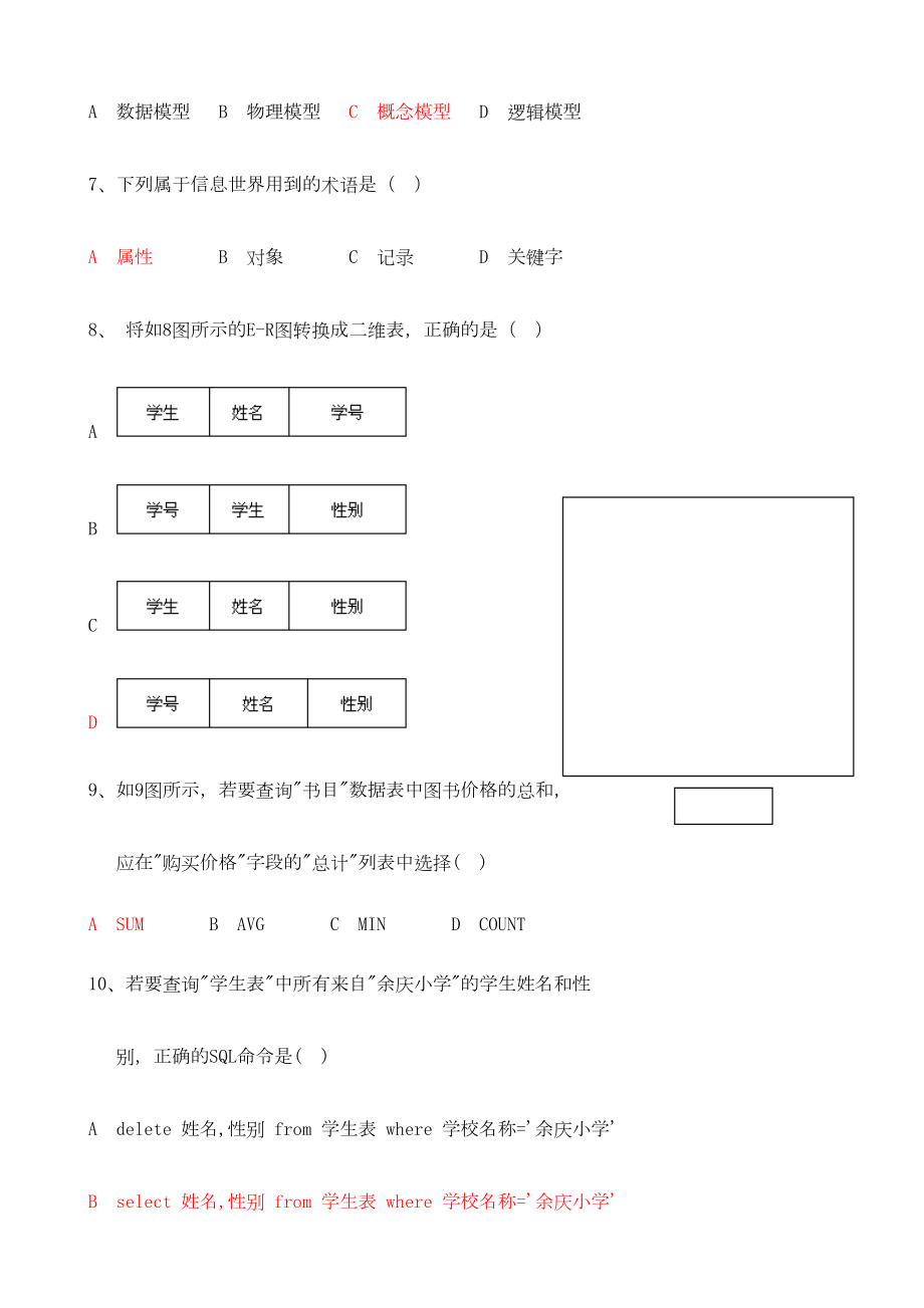 学高中信息技术会考数据库模拟试题.doc