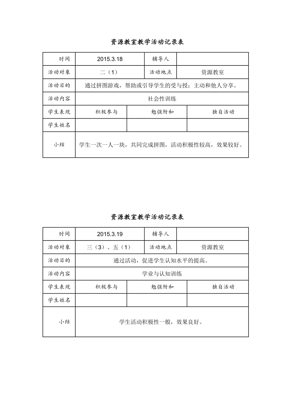 2014第二学期资源教室教学活动记录表.doc