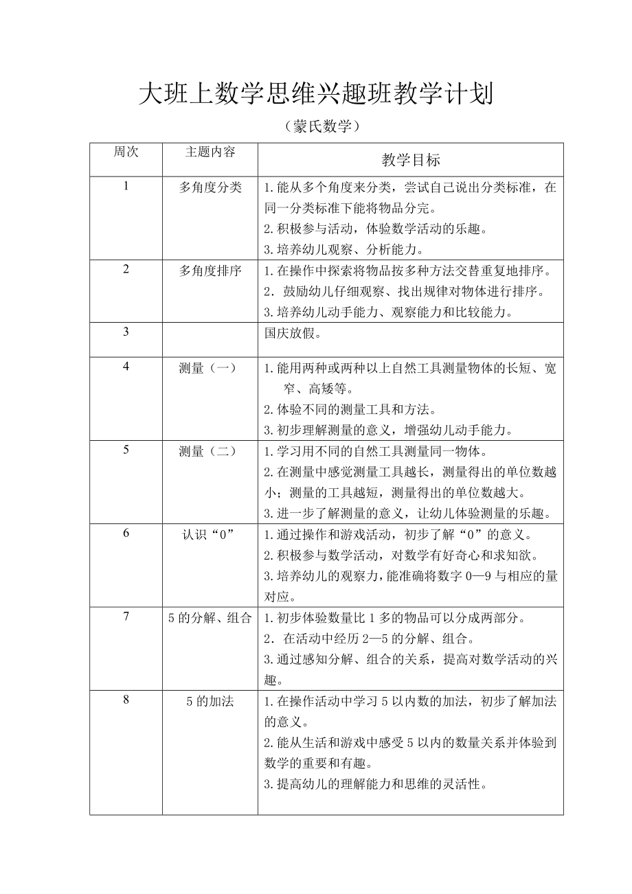 蒙氏数学大班上学期数学思维兴趣班教学计划.doc