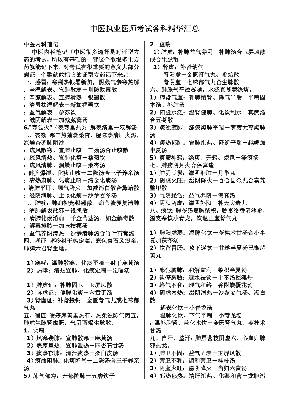 中医执业医师考试各科精华汇总.doc