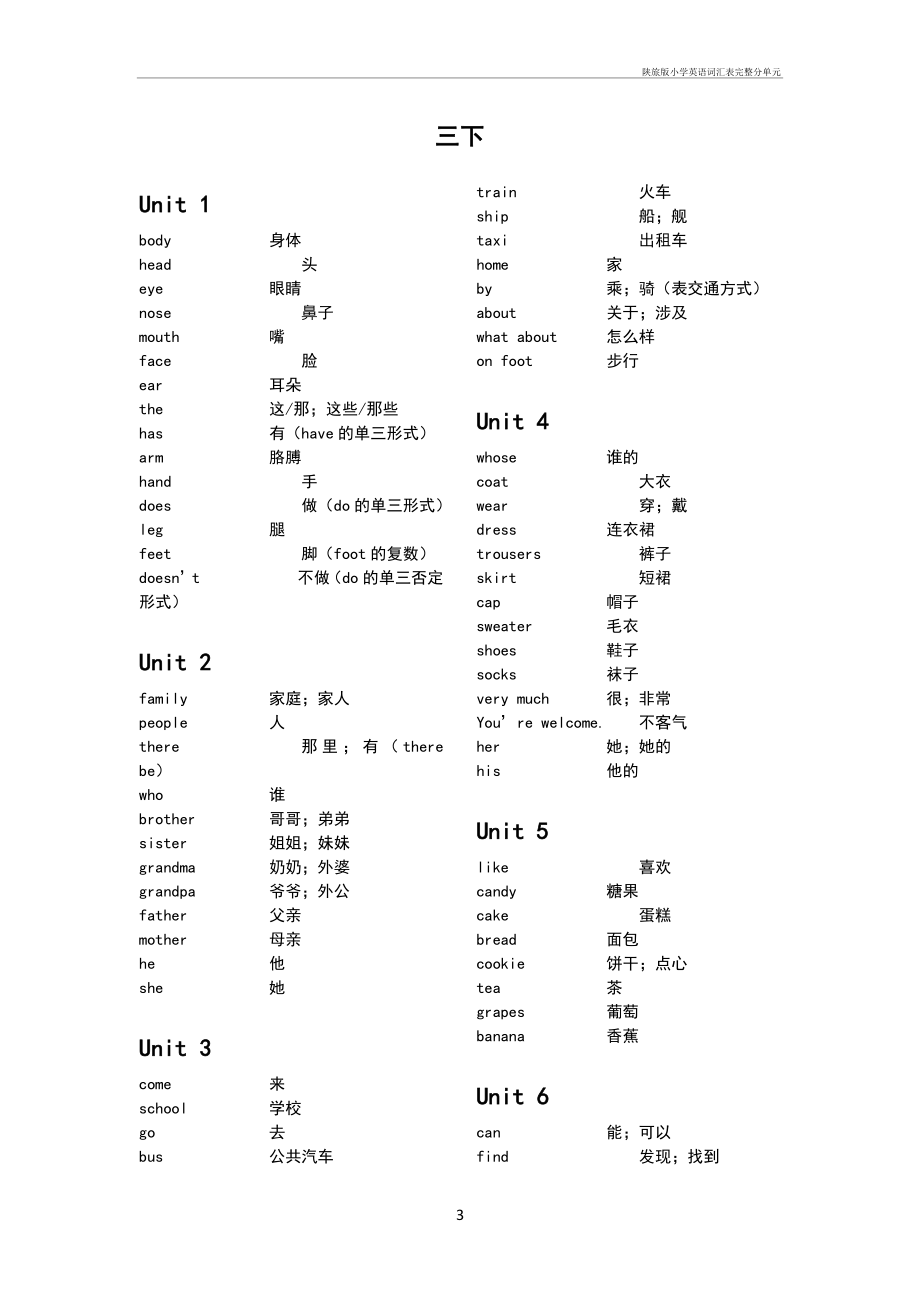 陕旅版小学英语词汇表完整分单元.doc