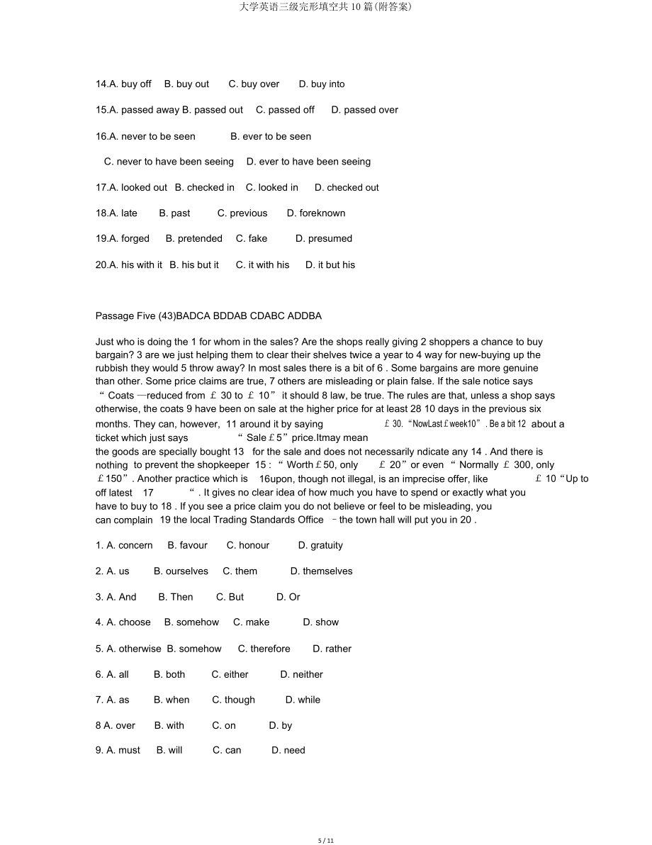 大学英语三级完形填空共10篇(附答案).doc