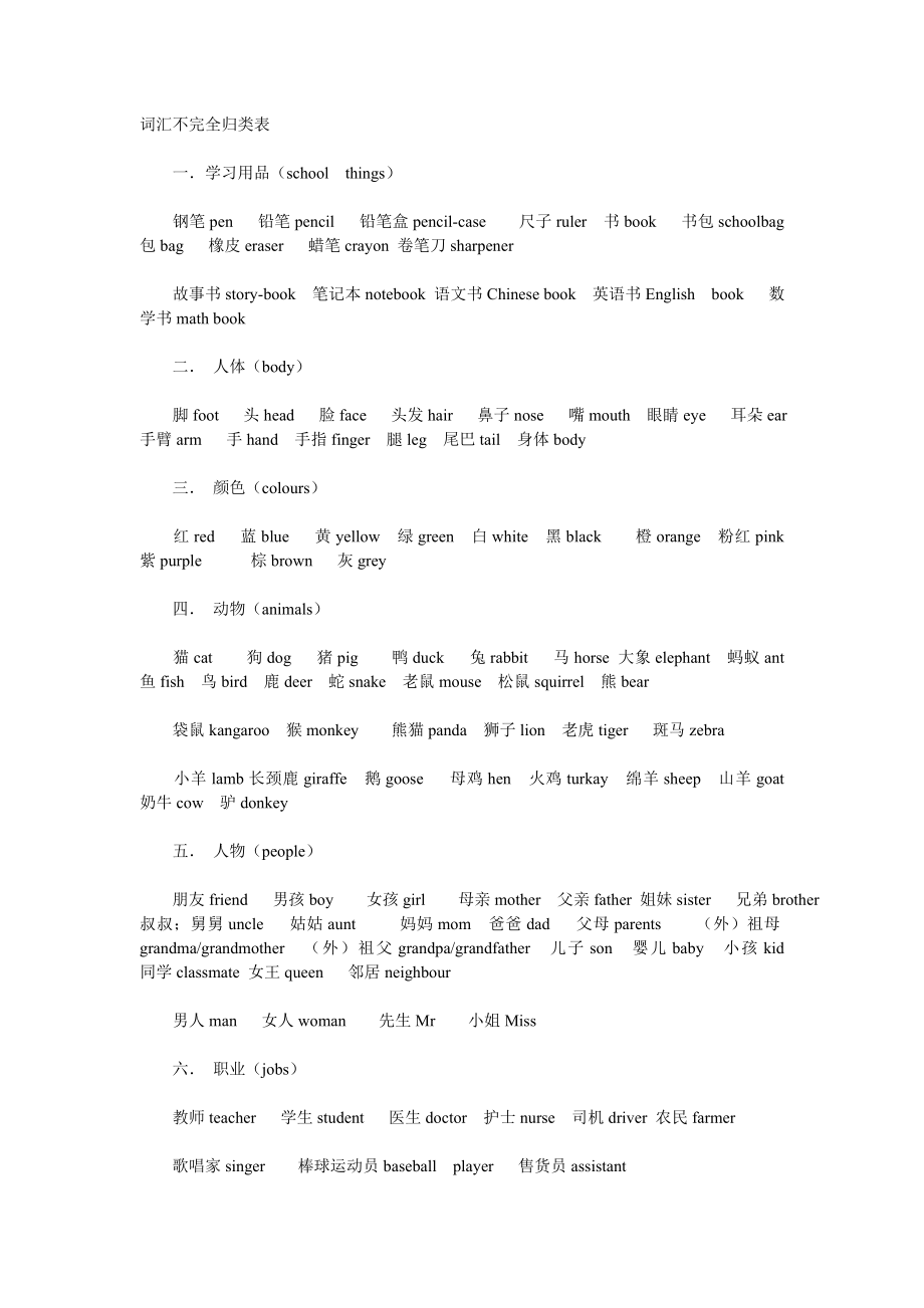 小学英语词汇不完全归类表.doc