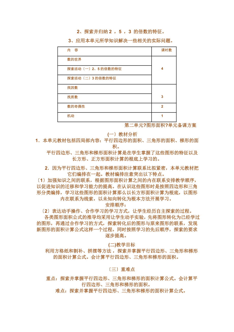 北师大五年级数学上册各单元备课计划.doc