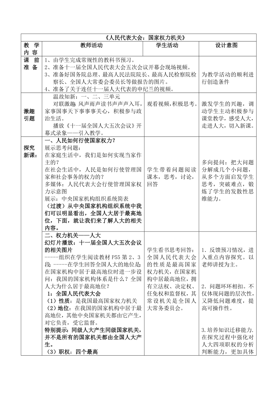 人民代表大会国家权力机关教学设计.doc