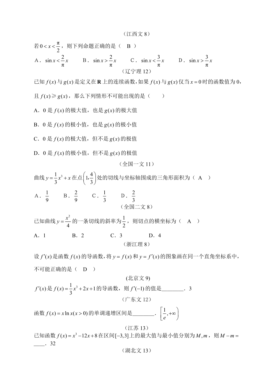 年高考数学试题知识分类汇编导数.doc