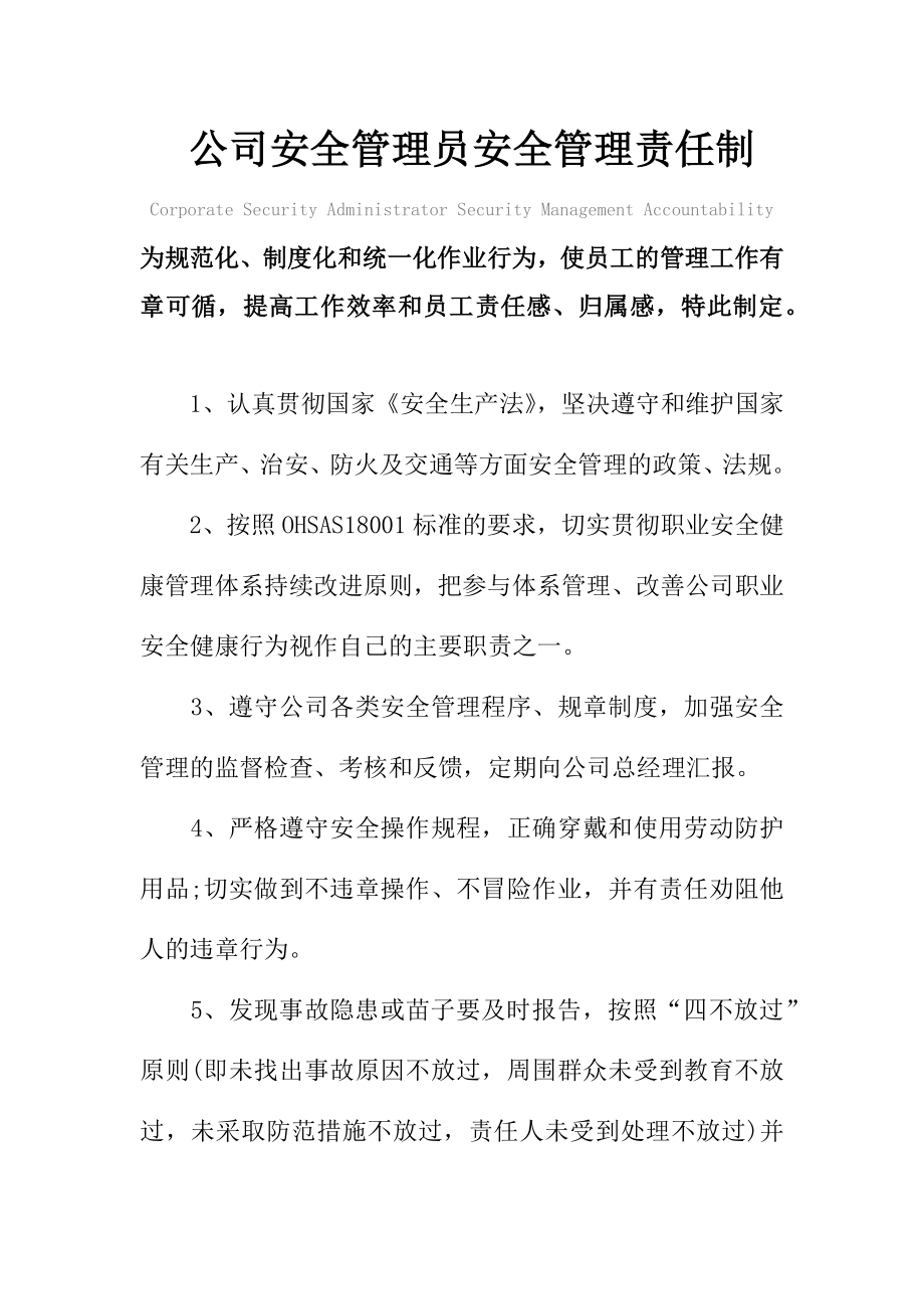 公司安全管理员安全管理责任制度范本.doc