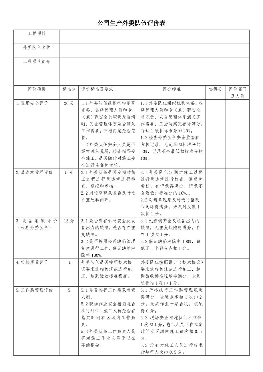 公司生产外委队伍评价表.doc