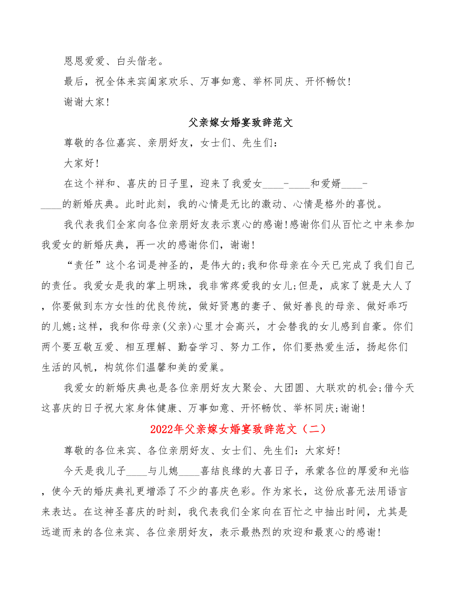 2022年父亲嫁女婚宴致辞范文.doc