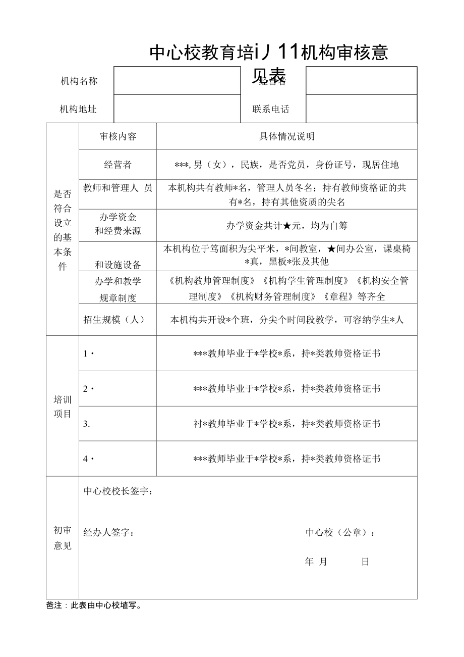 中心校教育培训机构审核意见表.doc