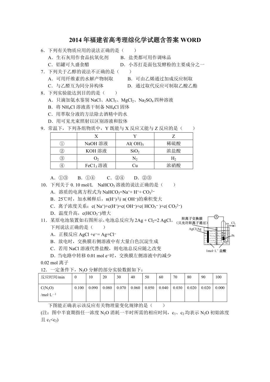 2014福建化学高考试卷.doc