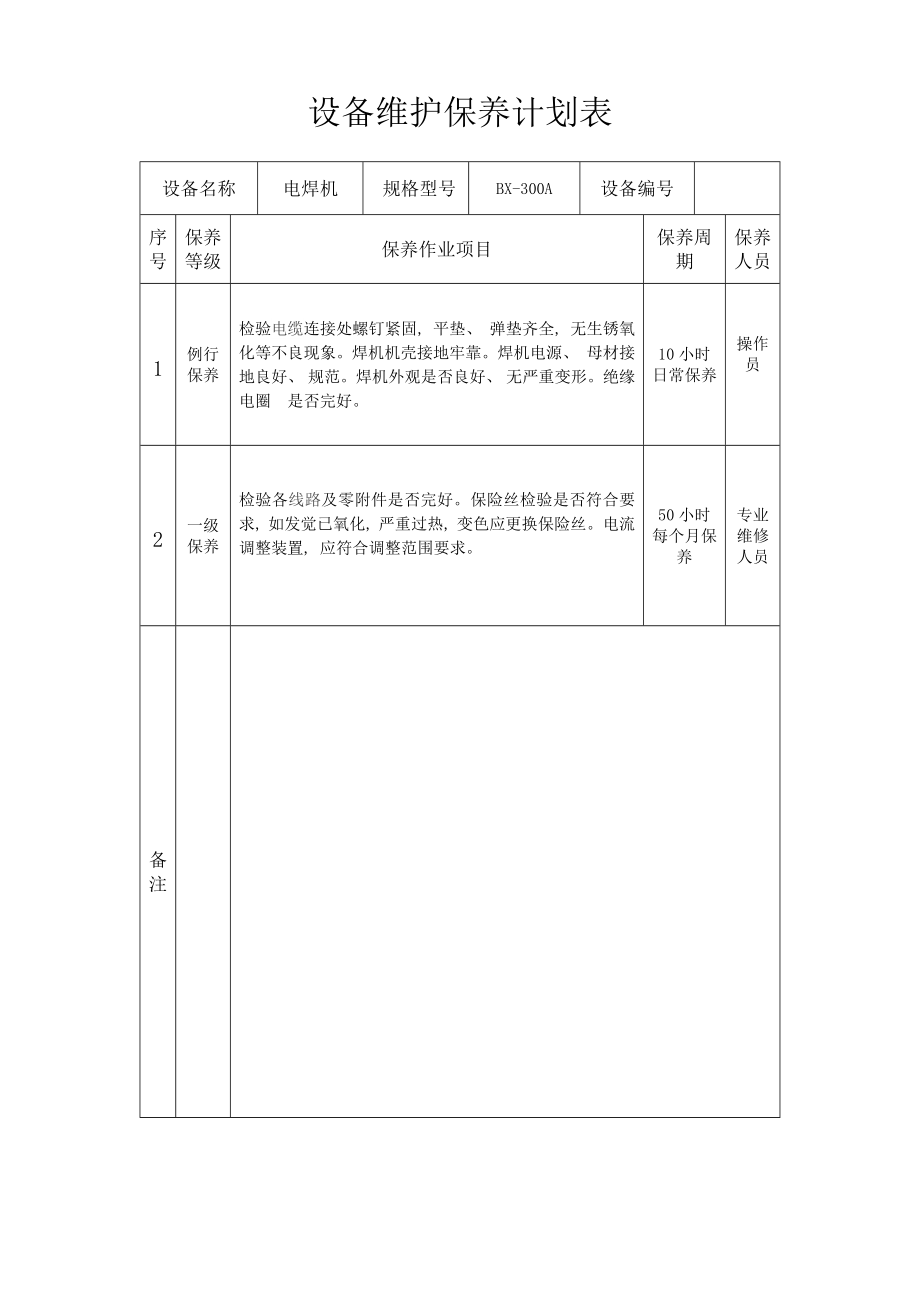 设备维护保养计划表模板.doc