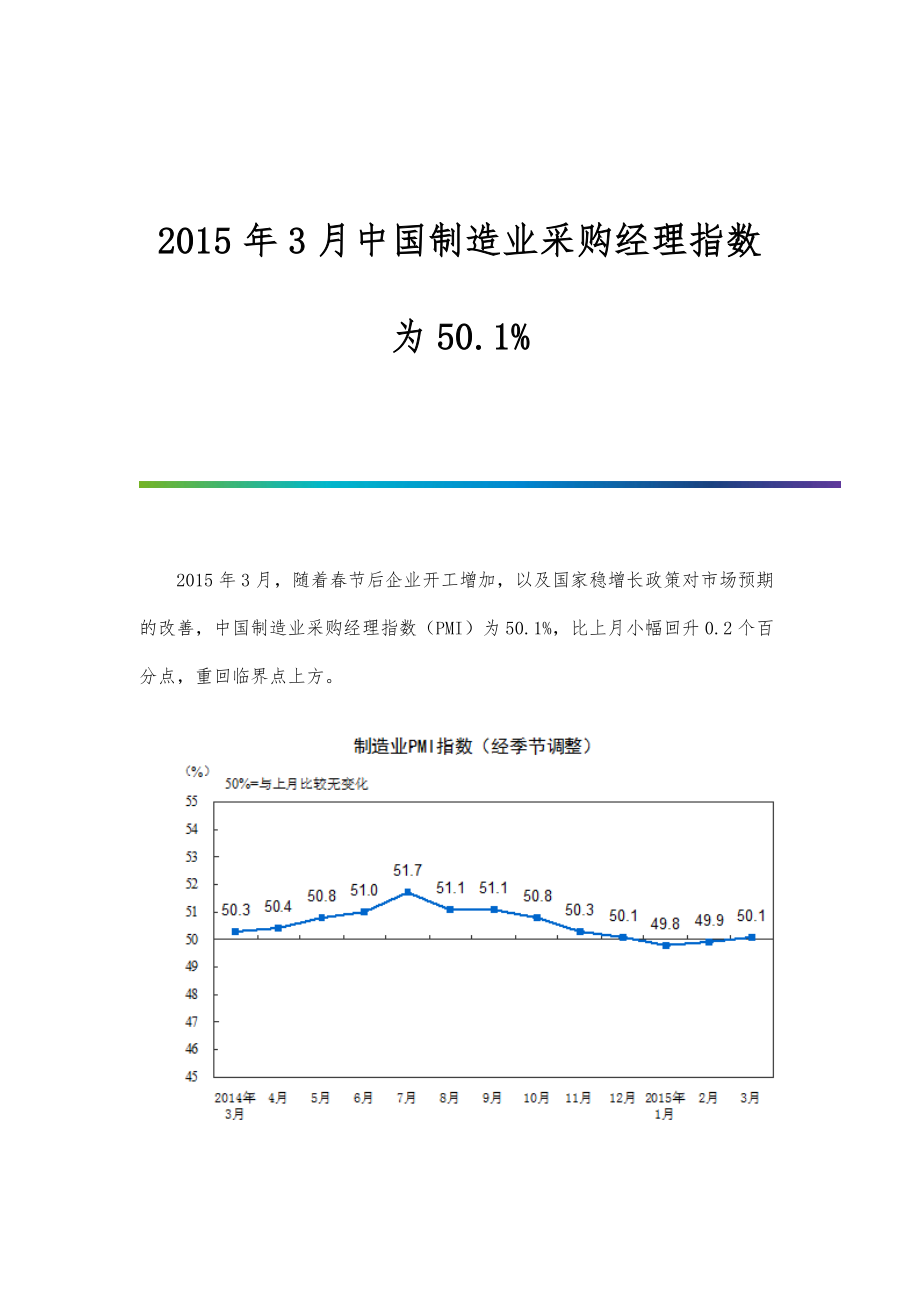 3月中国制造业采购经理指数为50.1.doc