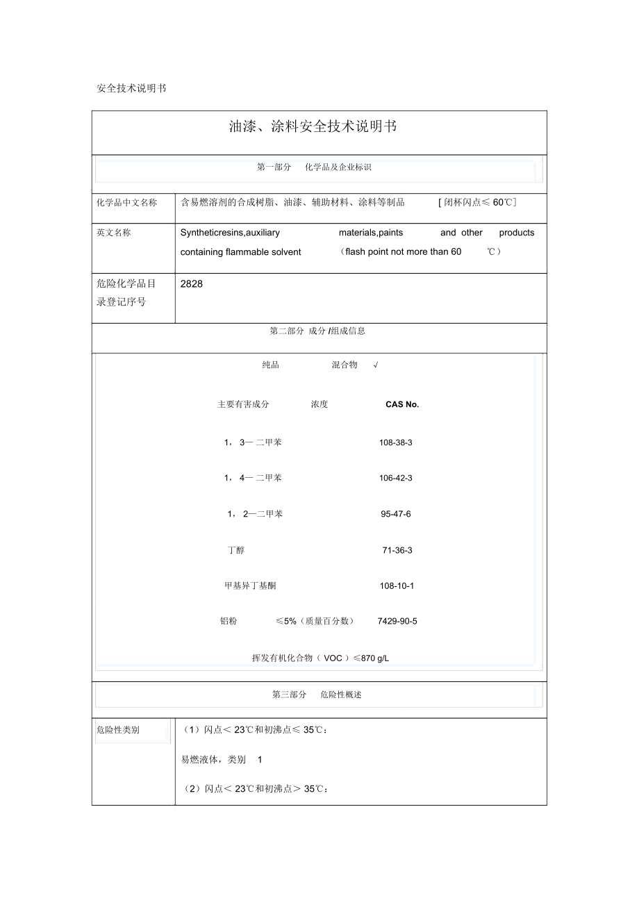 油漆涂料安全技术说明书.doc