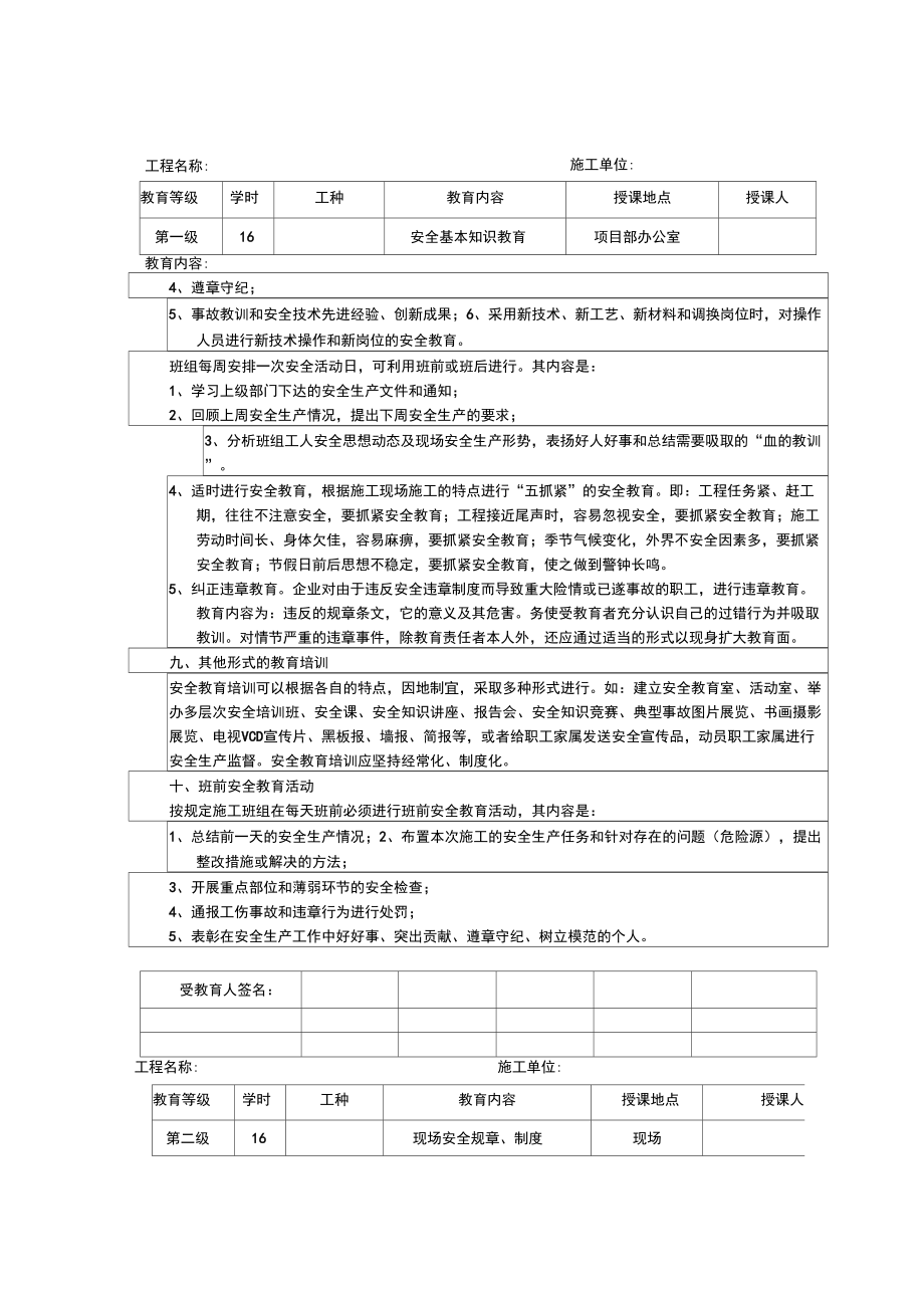 一份完整的三级安全教育培训台账.doc