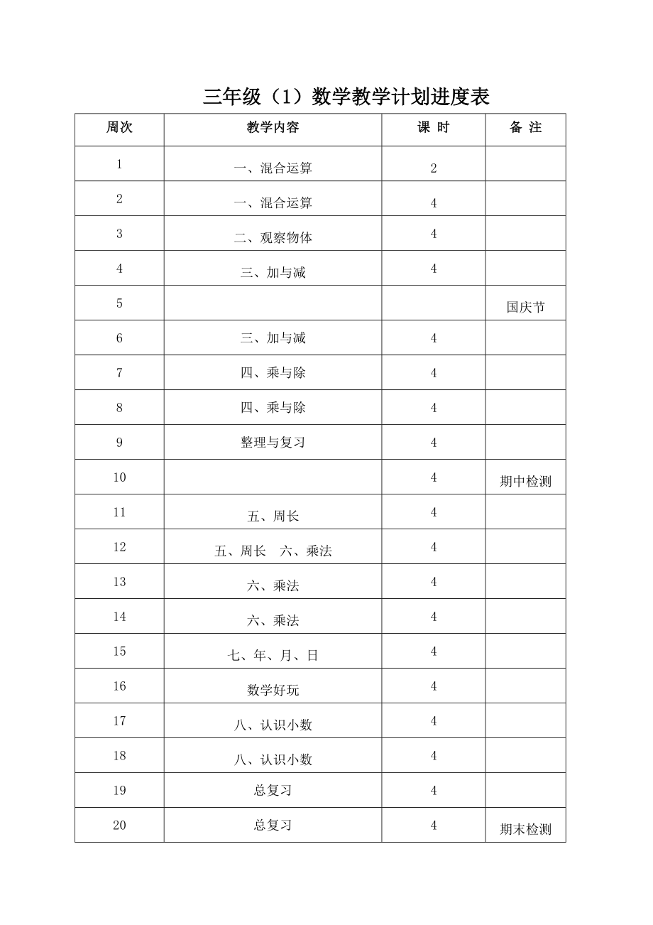 北师大三年级数学上册教学计划及进度表.doc