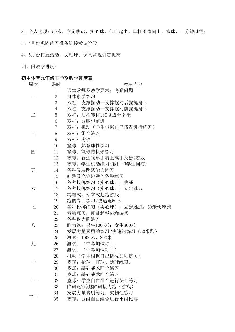 九年级下学期体育教学计划及进度表2.doc