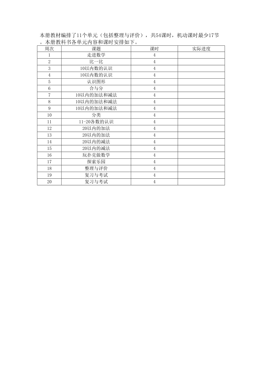 冀教版小学一年级上册数学教学计划.doc