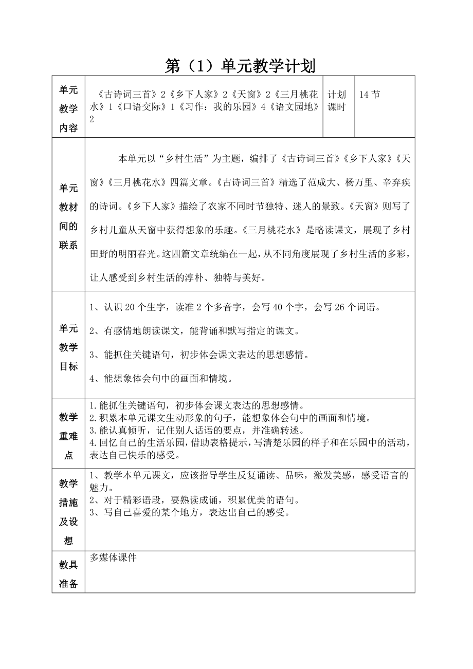 2022部编版四年级语文下册第一单元教学计划.doc