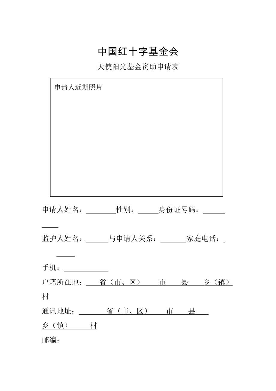 天使阳光基金申请表精编.doc