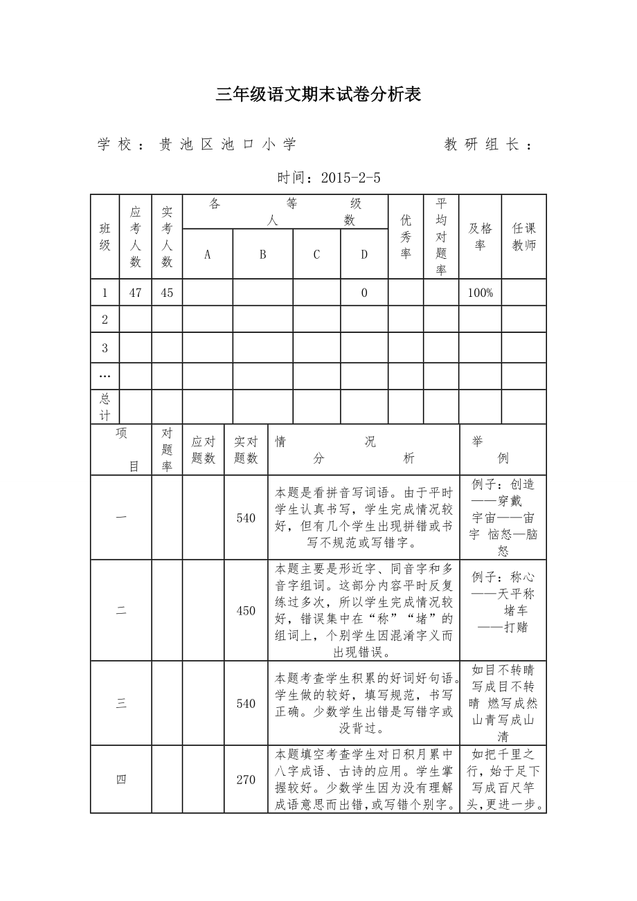 三年级语文期末试卷分析表.doc