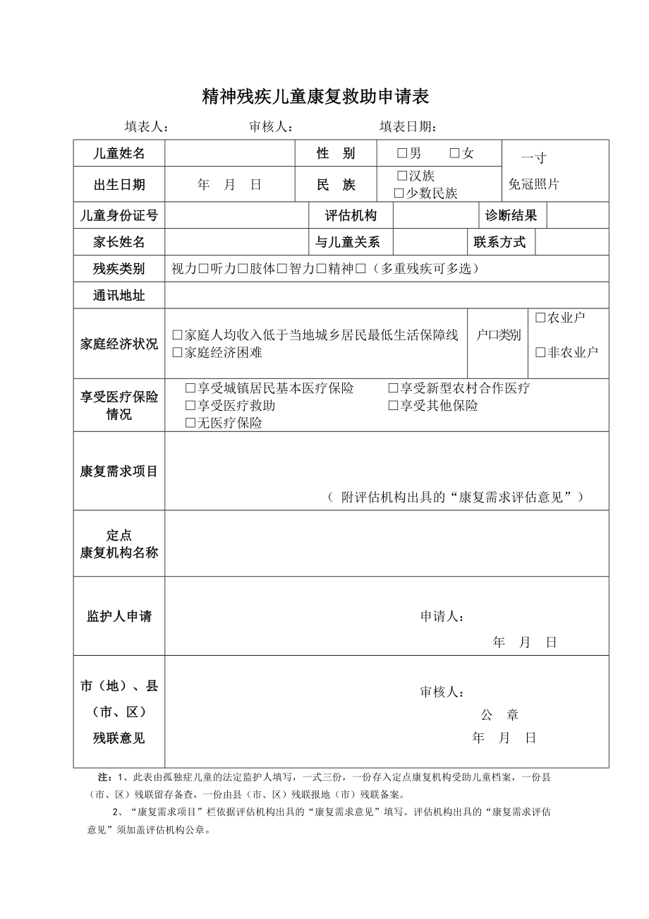 精神残疾儿童康复救助申请表.doc