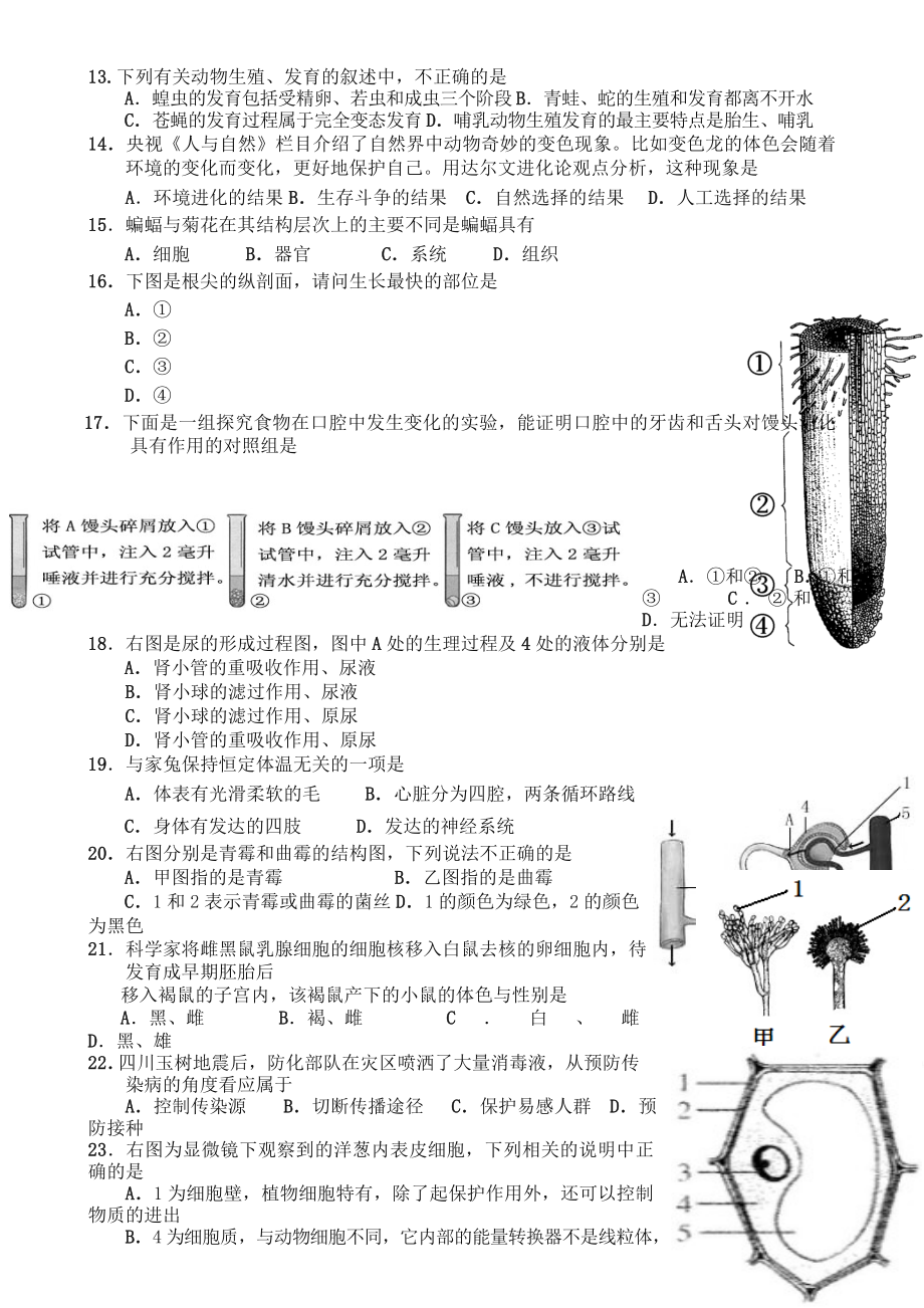 精品人教版初中生物中考复习试题.doc