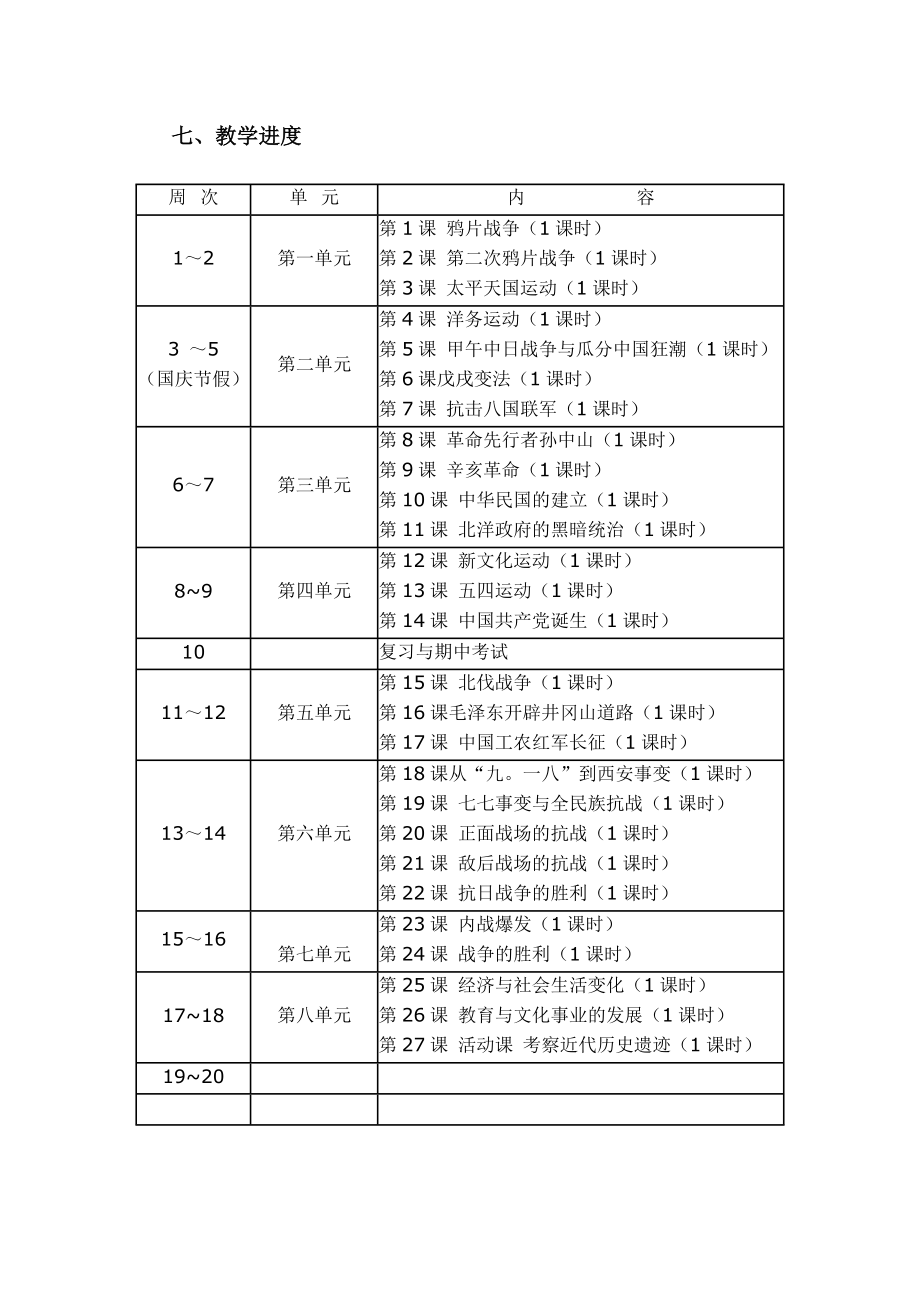 八年级上册历史教学计划及进度表.doc