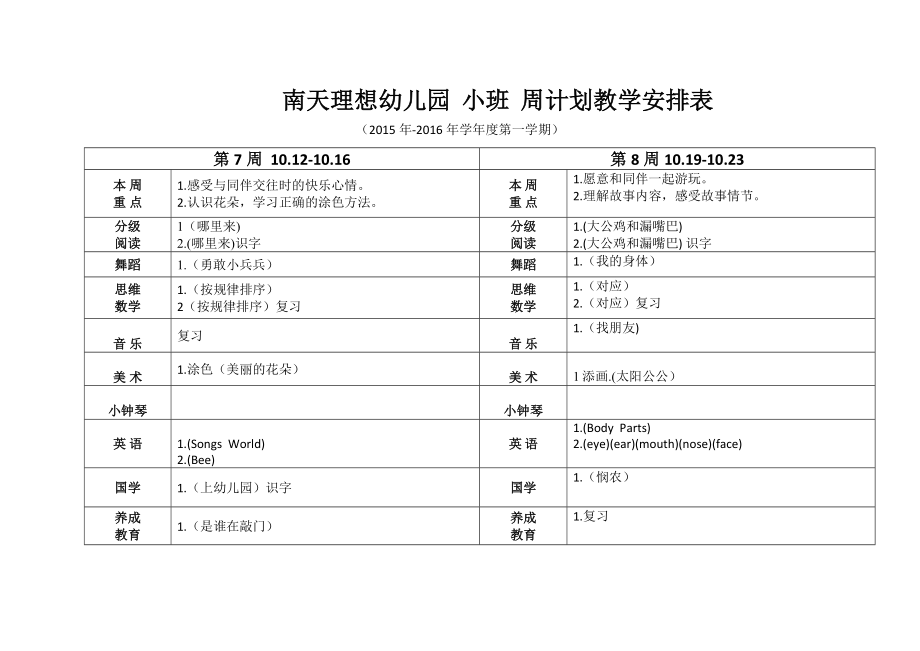 南天幼儿园小班周计划教学安排表.doc