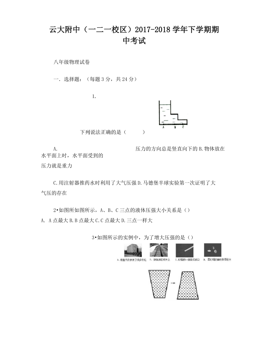 云大附中八年级下期中物理试卷.doc