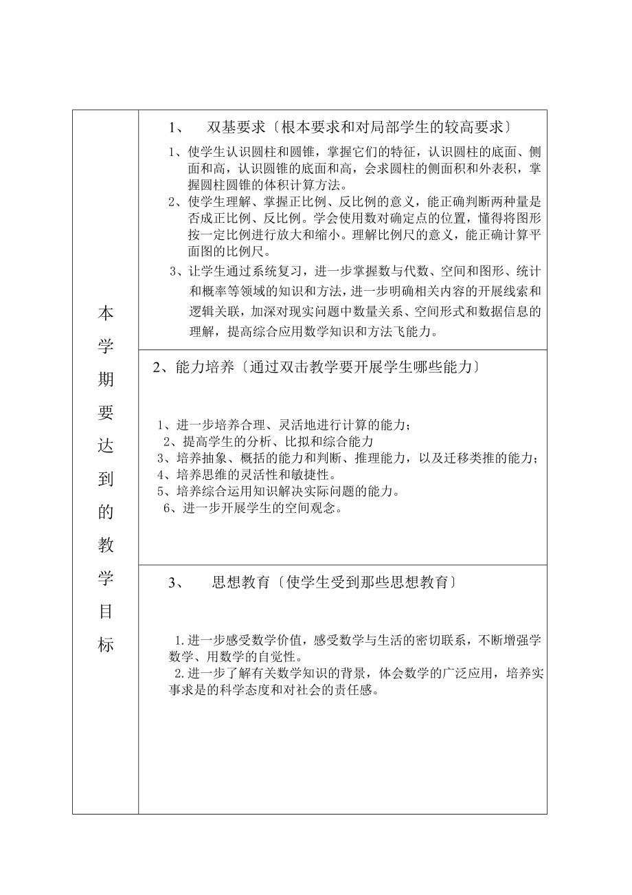 北师版六年级下数学表格式教学计划.doc