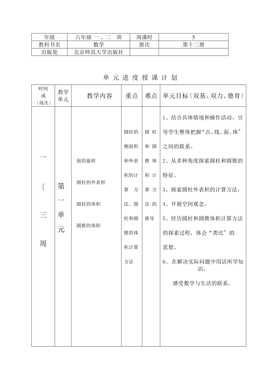 北师版六年级下数学表格式教学计划.doc