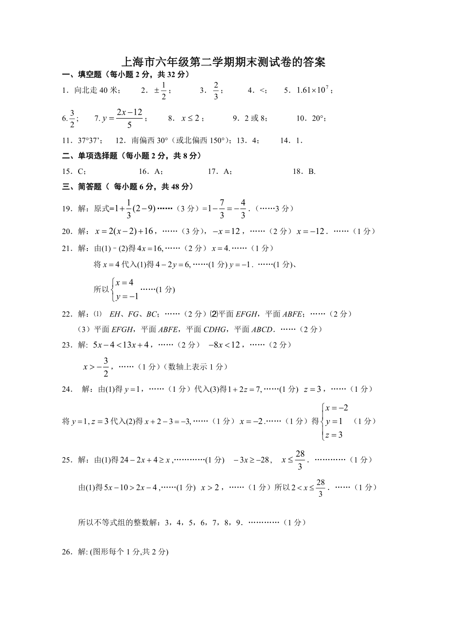 上海市六年级数学第二学期期末测试卷.doc