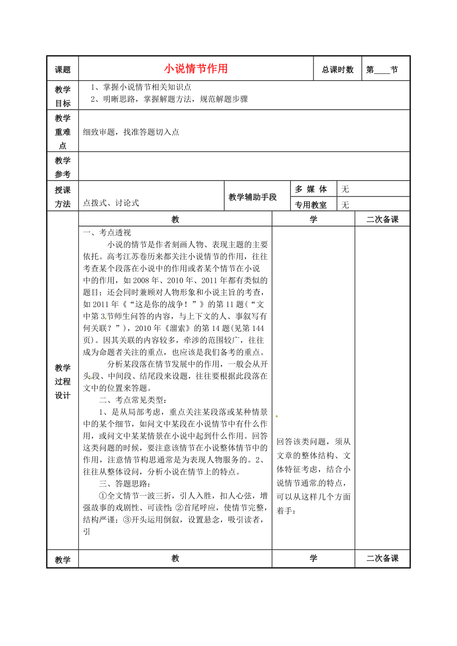 高考语文专题复习小说情节作用教学案苏教版.doc