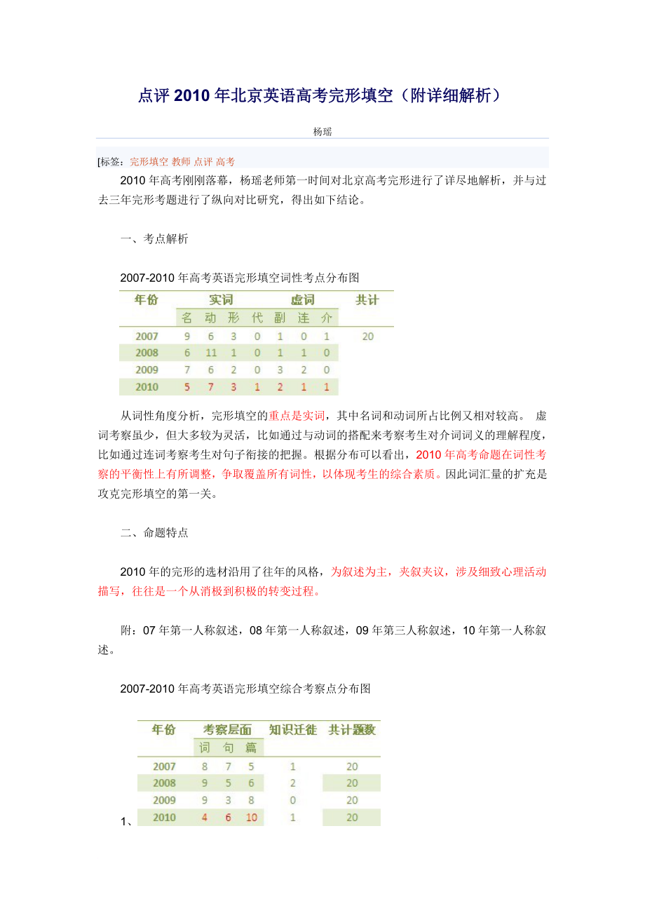 点评北京英语高考完形填空附详细解析.doc