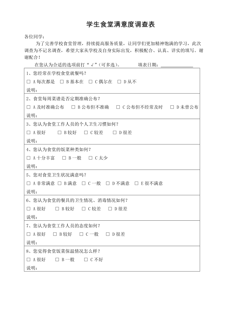 学校食堂满意度调查表.doc